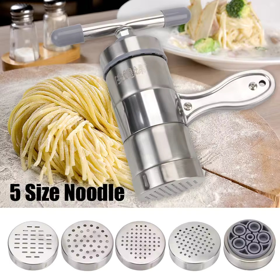 Homemade Pasta Maker Manual Spaghetti Noodle Press Stainless Steel with 5 Molds