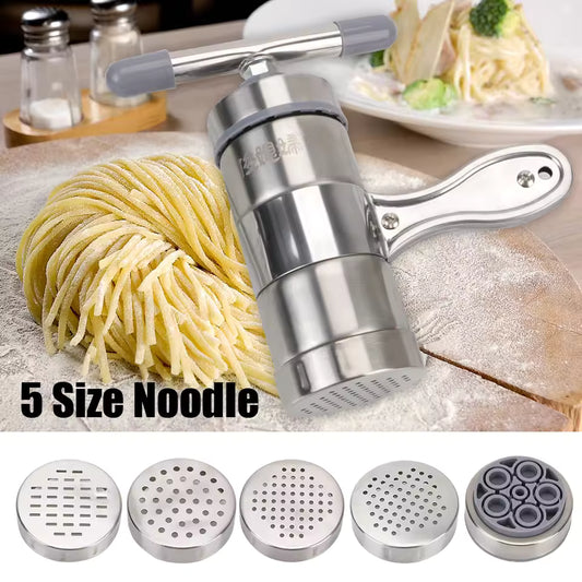 Homemade Pasta Maker Manual Spaghetti Noodle Press Stainless Steel with 5 Molds