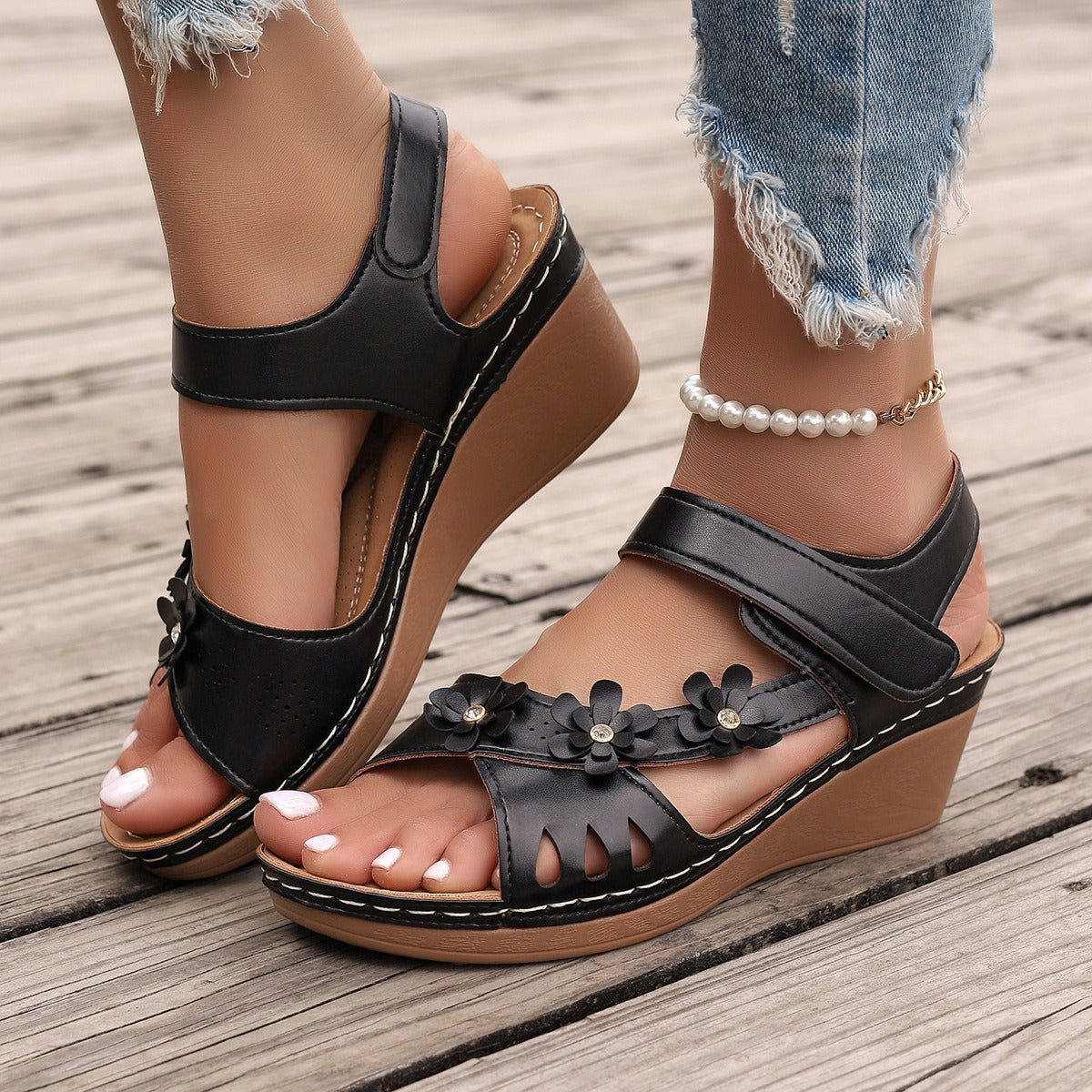 Women’s Summer Wedge Sandals with Floral Embellishments