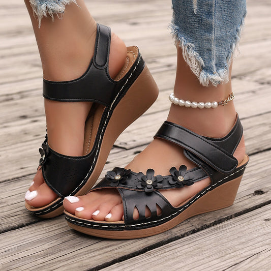 Women’s Summer Wedge Sandals with Floral Embellishments