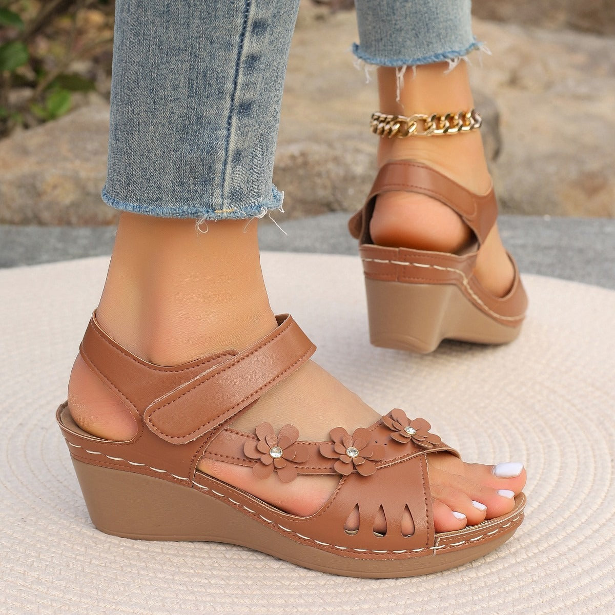 Women’s Summer Wedge Sandals with Floral Embellishments