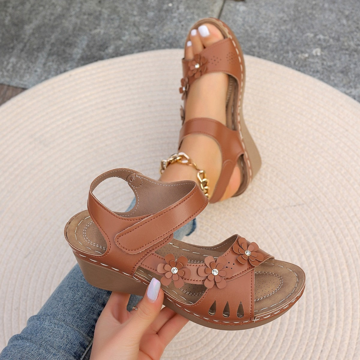 Women’s Summer Wedge Sandals with Floral Embellishments